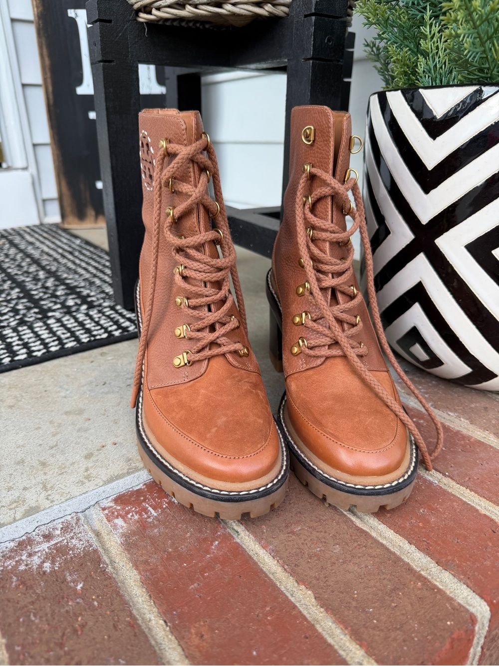 Tory Burch Cognac Lace-Up Lug Boots
